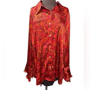 Y2K Colorful Statement Sleeve Boho Glam Silk Stretch Top Womens Size 16 Retro